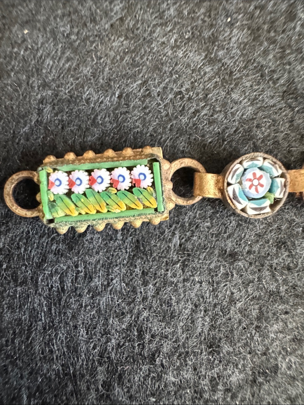 VTG Italian Micro Mosaic Link Bracelet Floral Millefiori Design Brass Tone - Picture 2 of 5